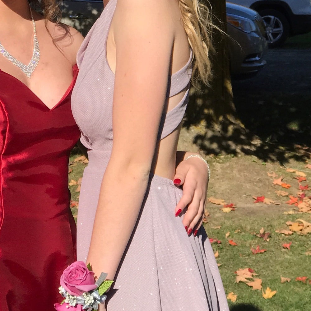 lowcut purple sparkle homecoming dress